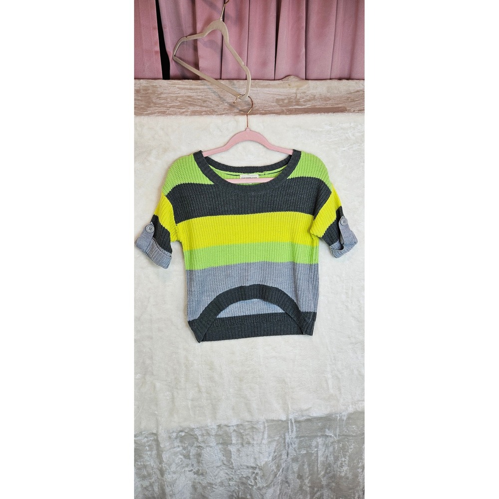 Poof Excellence Womens Striped Knit Sweater Neon Green Grey High Low Hem Small